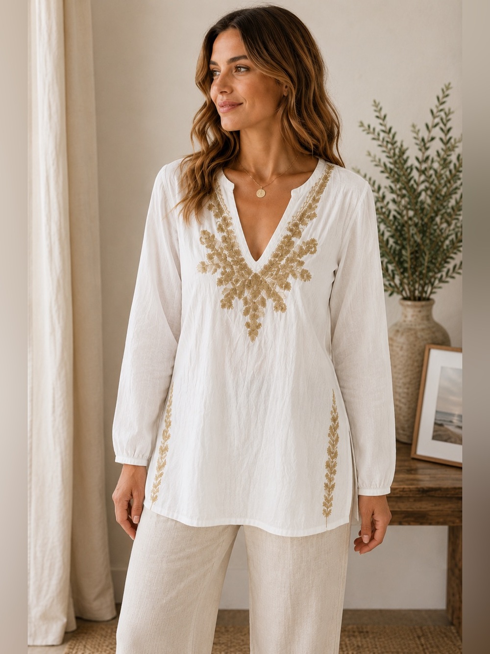 Old‎ Navy vintage White Cotton Top embroidered tunic XL cottagecore pheasant